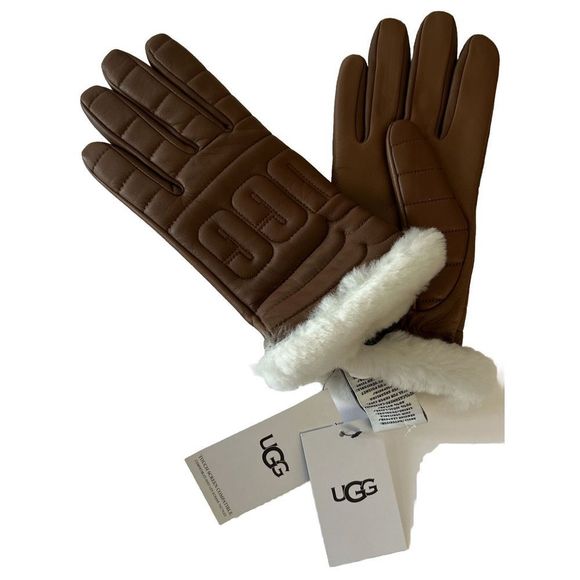 UGG Womens Sz Medium LEATHER CASHMERE QUILTED LOGO TECH GLOVES $145 - Picture 1 of 6